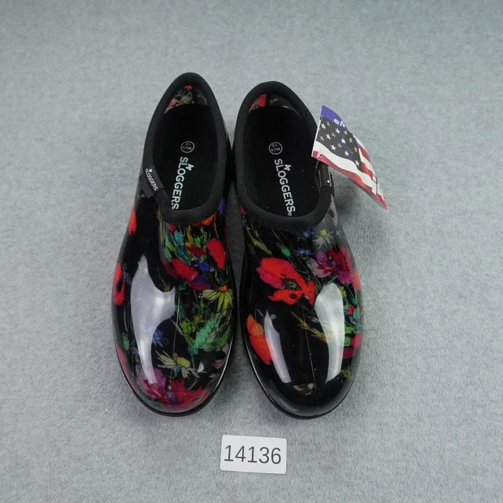 Sloggers Shoes Womens 10 Black Floral Poppy Garden Waterproof Rain Slip On